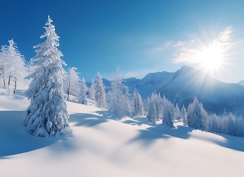 Fototapeta Beautiful winter landscape with snow-covered fir trees in the Alps mountains on a sunny day with sunlight and a blue sky background