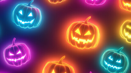 Neon Jack-o'-Lanterns Halloween Background.