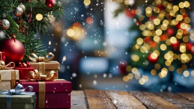 Background with Christmas tree ornaments Christmas gifts with snow falling effect