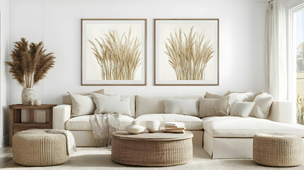 Minimalist Living Room Interior Design with Neutral Colors and Natural Elements.