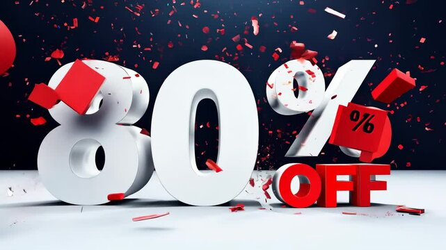 Bold white 3D "80% Off" text breaking apart with red debris flying, perfect for highlighting massive discounts, clearance events, or promotional sales.
