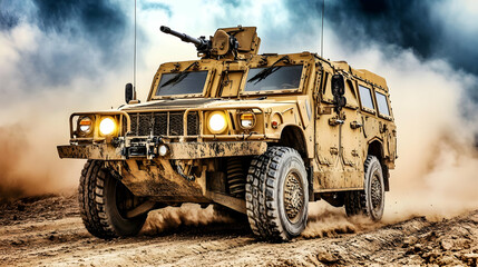 Obraz premium Military Humvee Driving Through Desert Dust.