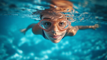 Naklejka premium underwater picture of woman swimmer in swimming suit and goggles training in pool