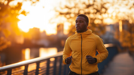 
Young african-american man is exercising in sunset on the bridge in the city