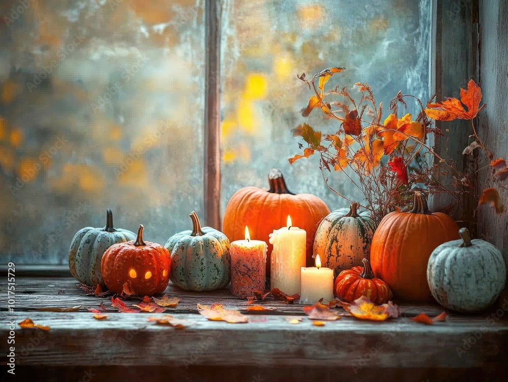 Poster Autumn still life with pumpkins and candles on wooden table indoors