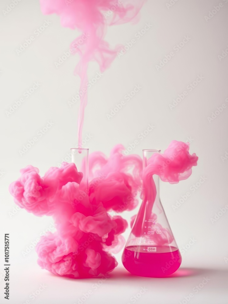 Wall mural Vibrant pink smoke billows from two laboratory flasks creating a striking visual effect against a white backdrop Smoke Explosion Backdrop