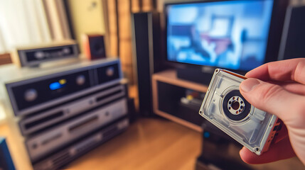 Hand Holding VHS Cassette in Front of Retro Home Theater System.