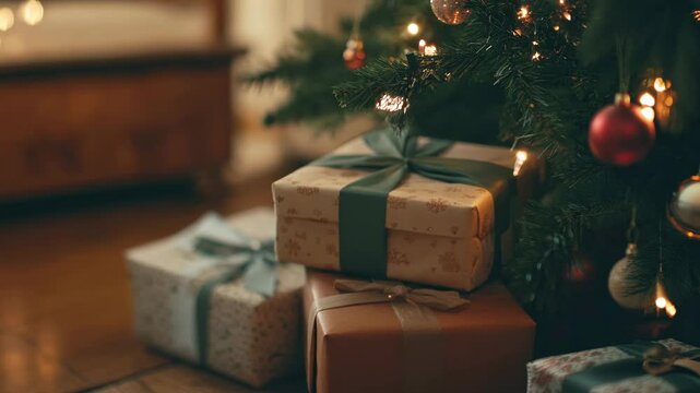 Beautifully wrapped presents under glittering Christmas tree, awaiting eager hands to open