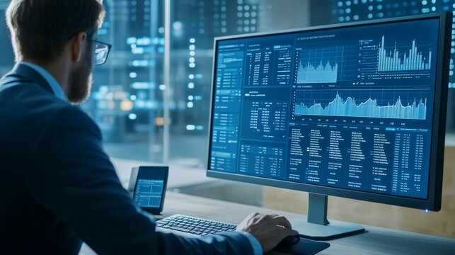 Analyst manages the system database and analysis data plans and reports shows a dashboard chart on the computer research on platform digital technology analytics business concept