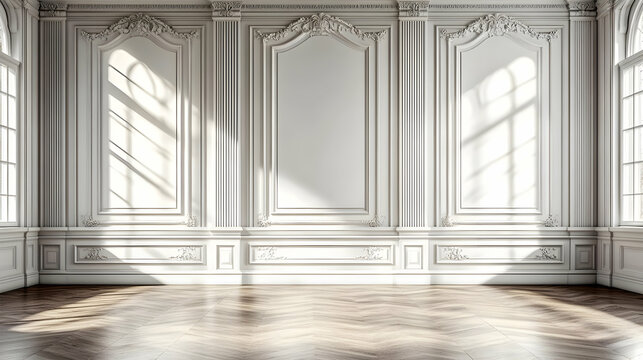Elegant White Wall With Ornate Molding and Wooden Floor.