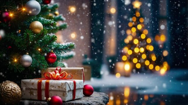 Background with Christmas tree ornaments Christmas gifts with snow falling effect
