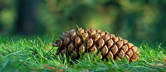 Fototapeta premium Dried Pine Cone on Grass Close Up