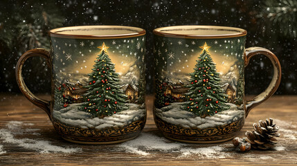 Christmas mugs with winter scene.
