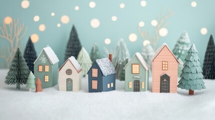 Winter-themed paper houses with snow effects, cozy holiday setting