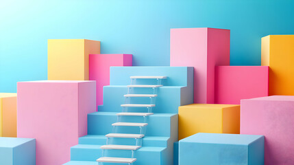 Obraz premium Abstract Colorful Geometric Shapes with White Stairs.
