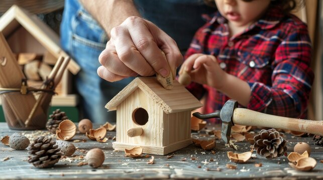 Mastering the Art of Woodworking Child Learning to Build Birdhouse with Expert Guidance