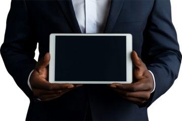 Businessman in formal suit holding tablet in hands, isolate on white background, die cut transparent PNG.