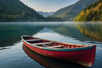 Obraz premium A colorful boat in a tranquil lake
