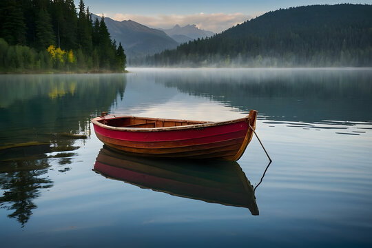 A colorful boat in a tranquil lake