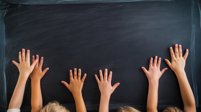 Flipped classroom concept Inversed childrens hands on blackboard background
