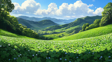 A peaceful meadow with a blanket of clover leaves and a backdrop of rolling hills and blue sky