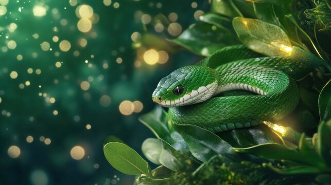 Green snake resting among tree branches with shimmering Christmas patterns behind
