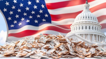 US Capitol Building  American Flag  and Pile of Money