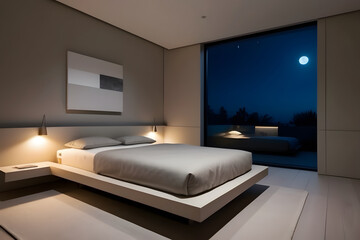 A sleek, modern bedroom with a minimalist platform bed, soft dim lighting, and warm bedside lamps
