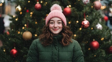 Smiling young woman in green parka and pink beanie before festive Christmas tree with ornaments