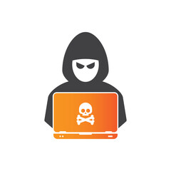 Hacker at laptop icon. Flat illustration of hacker at laptop, icon for print or web design