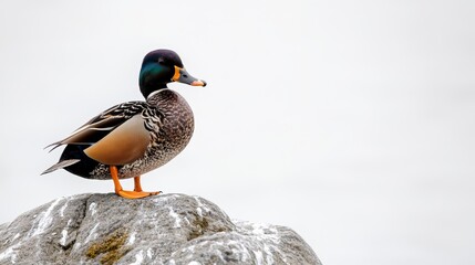 Obraz premium A male Harlequin Duck perched on a jetty rock with an almost solid white background on an overcast day
