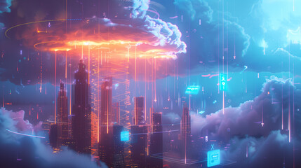 Obraz premium Futuristic city surrounded by clouds with glowing data streams descending from the sky