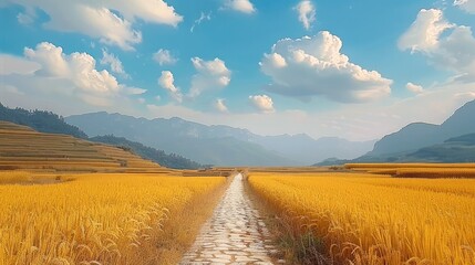 Fototapeta premium In autumn, the golden rice fields, endless sea of golden wheat ears under a blue sky and white clouds. The wide stone road runs through it.