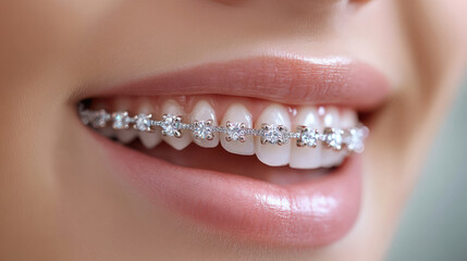 female model smiling with teeth in braces, which help solve problem of crooked teeth and correct bite.