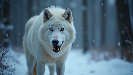 Obraz premium Big white wolf close-up walking in the snow in the forest