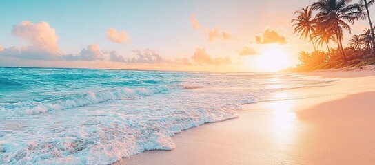 Fototapeta premium A beautiful beach with palm trees and waves in the background, with a clear sky at sunset