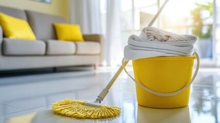 Domestic Cleaning in Progress with Mop and Yellow Bucket on Tiled Kitchen Floor