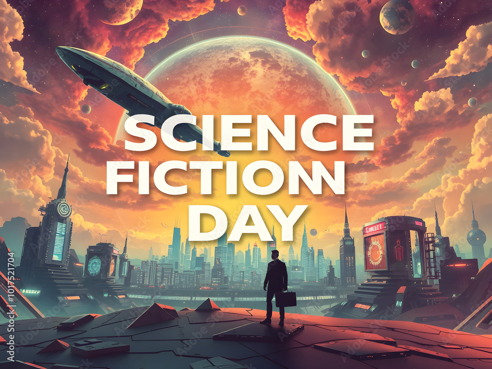 Sticker a futuristic sci-fi scene, illustration of science fiction day