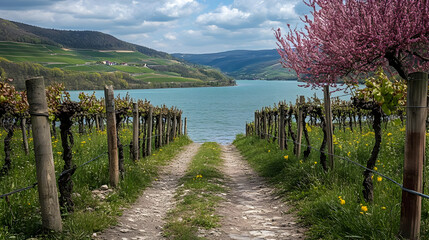 Obraz premium Picturesque Pathway Through Vineyards Leading to Lake.