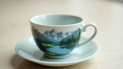 a cup with a picture of mountains on it