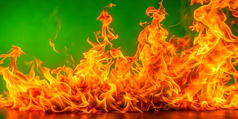 Lively fire flames isolated on a green backdrop, perfect for dynamic fashion photography, bringing an energetic and captivating element to the