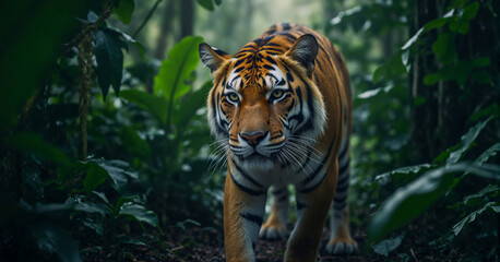 Fototapeta premium The ferocious tiger strides confidently through the lush, vibrant forest, its sharp gaze staring ahead. Lush green trees surround the predator. Generative AI