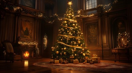 Fototapeta premium Elegant Christmas tree adorned with golden baubles, ribbons, and twinkling lights, creating a cozy holiday atmosphere in high resolution