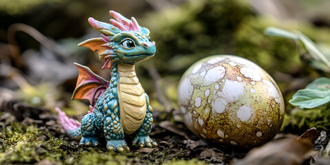 Obraz premium Colorful Fantasy Dragon Guarding Its Egg in a Magical Forest
