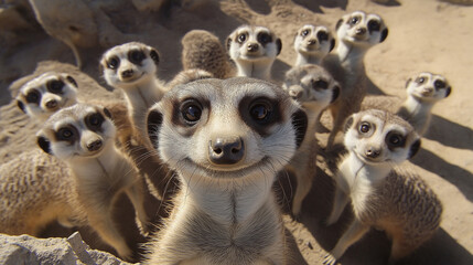 A group of meerkats huddled together, all facing the camera for a perfect selfie moment