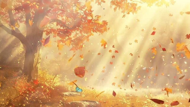 autumn landscape fall scene trees and leaves in sun lights seamless looping overlay 4k virtual video animation background