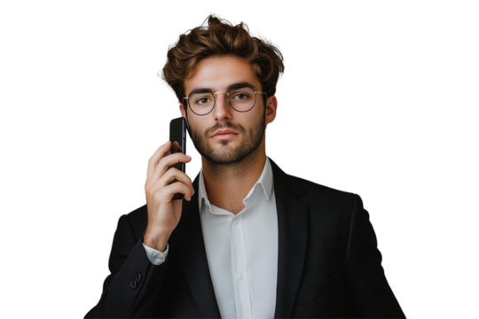 Businessman holding phone in hands using mobile phone, isolate on white background, PNG die cut transparent.