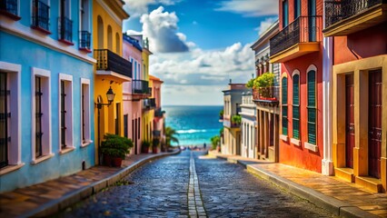 Fototapeta premium Old San Juan’s cobblestone streets meander invitingly toward tropical Atlantic beaches, showcasing the area’s vibrant allure with breathtaking