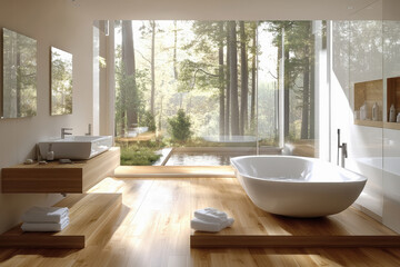Fototapeta premium a modern Bathroom with a wooden floor, white furniture and iconic sink