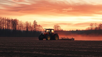 Fototapeta premium Tractor at Sunset: A Serene Agricultural Landscape Capturing the Harmony of Nature and Farming